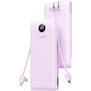 VEGER AC Wall Plug Portable Charger, 10000mah Slim Portable Charger Built in Cables, USB C Power Bank 15W Fast Charging, Travel Essential Battery Pack Compatible with iPhone, Android and More(Purple)