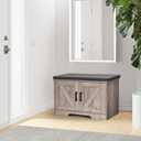 HOMSHO 2-Tier Storage Bench, 27.6" Wide Shoe Bench with Padded Seat Cushion, Entryway Bench with 2 Barn Doors and Adjustable Shelf, Greige