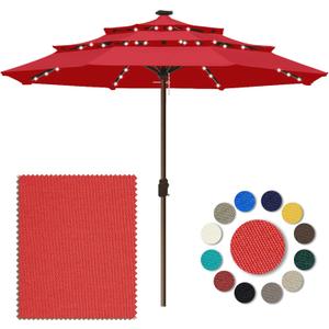 Eurmax USA 10-Year-Non-Fading 10FT 3-Tier Outdoor Patio Market Umbrella with LED Lights,UPF50+ UV Resistant,Commercial Grade,Crank Lift Design,Windproof Vented Top for Garden,Pool,Deck,Logo Red
