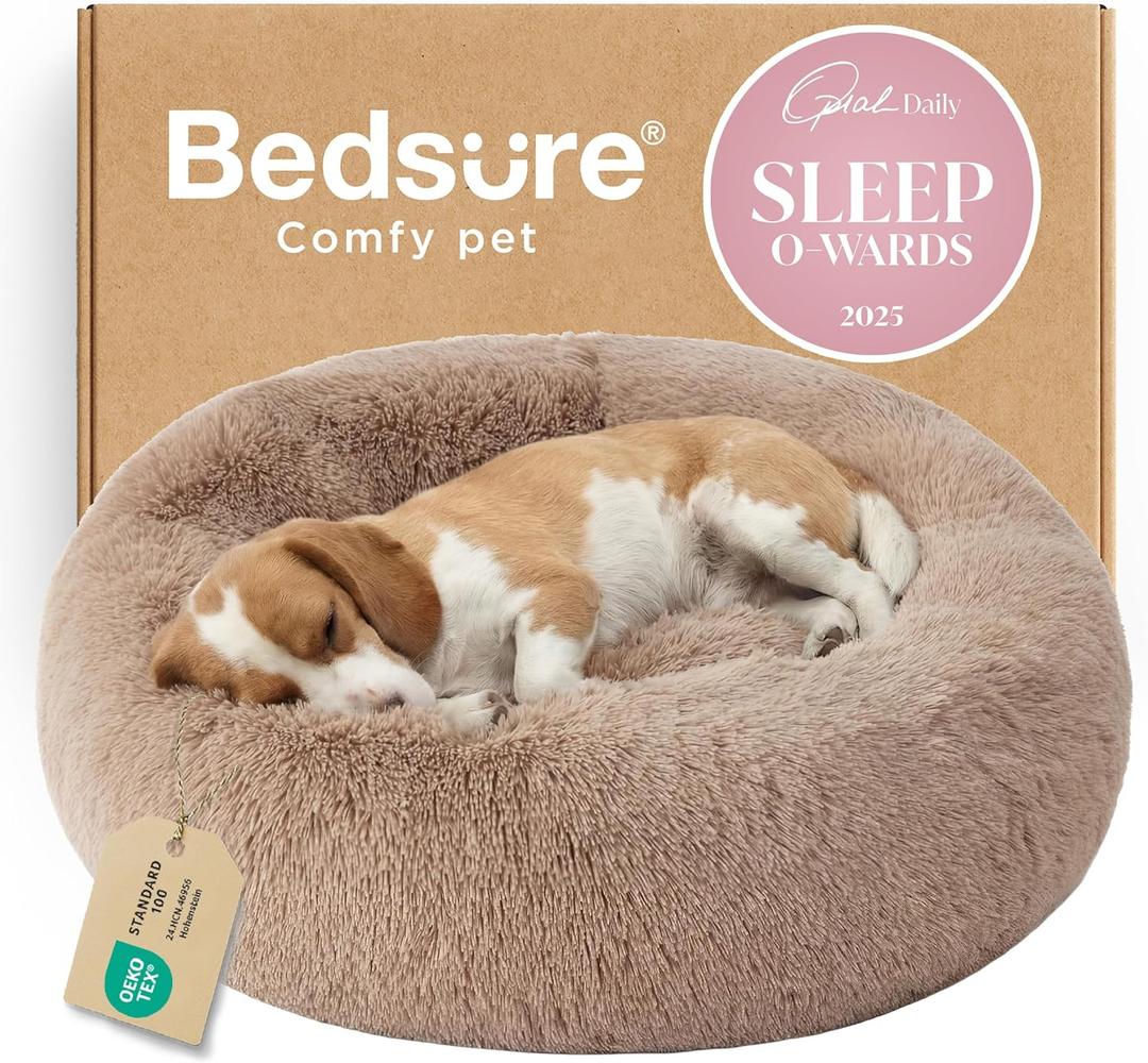 Bedsure Calming Dog Bed Medium Large Size Dogs - Donut Washable Large Pet Bed, 33 inches Anti-Slip Round Fluffy Plush Faux Fur Dog Bed, Camel
