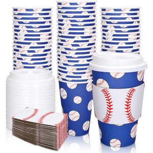 Whaline 50 Set Baseball Disposable Coffee Cups With Lids And Sleeves 16oz Red Blue White Baseball Paper Drinking Cups for Baseball Themed Birthday Carnival Wedding Baby Shower Sport Party Supplies