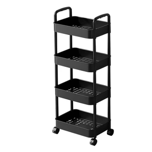Plastic Rolling Utility Cart with Handle,Utility Storage Cart for Office, Living Room, Kitchen,Movable Storage Organizer Shelves,Black, 4 Tier