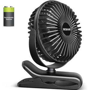 BESKAR Portable Clip on Fan Rechargeable, 4 Speeds Small Battery Operated Fan, USB Desk Fan with Strong Airflow, Sturdy Clamp for Golf Cart Office Outdoor Travel Camping (Black)