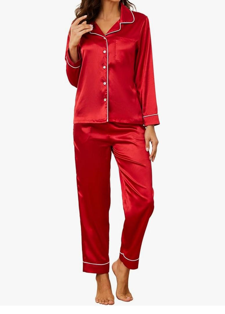U2SKIIN Women Silk Pajamas Set, Long Sleeve Satin Pajamas for Women Sleepwear Button Down Pjs Set Two-piece L