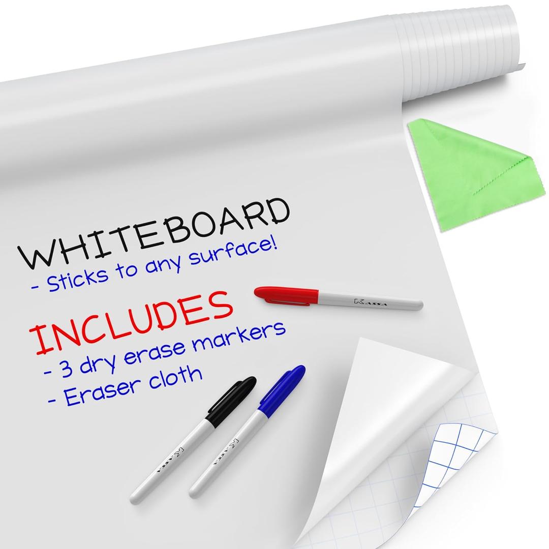 Kassa Reusable & Removable White Board Wallpaper | 1.4ft x 8ft Self Adhesive Dry Erase Contact Paper | 3 Markers & Eraser Cloth Included | for Home, Office, School & Kids Art & Decoration (8 feet)