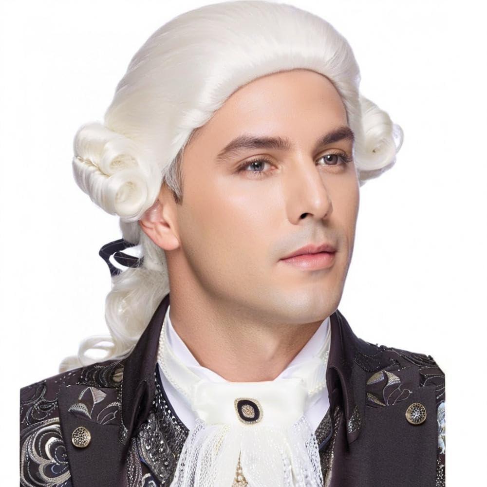 Airhostess Colonial Wig for Men - 18th Century Historical Judge Lawyer Costume Wig, Perfect for Halloween, Cosplay, and Theatrical Performances (White)