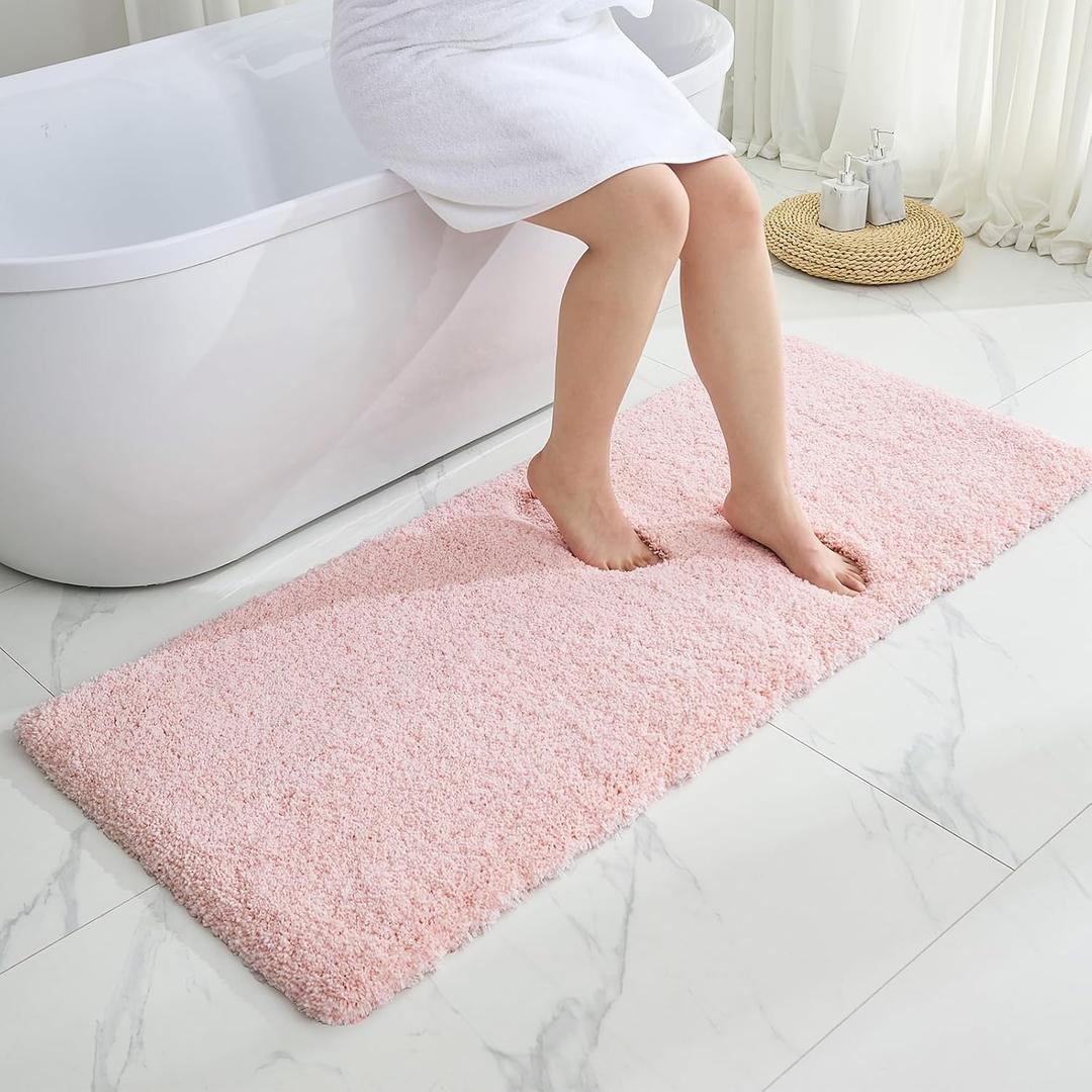 Bathroom Runner Rug 24x59 Pink Non Slip Fluffy Long Bath Mat for Bathroom Floor Washable Plush Luxury Bath Rug for Tub Absorbent Shower Sink Mat Bedside Rug