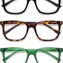 AMOMOMA Trendy Oversized Blue Light Stylish Readers for Women,Retro Square Cute Sturdy Computer Womens Reading Glasses AM6216 (C1+c2+c4 Black/Tortoise/Transparent Green)