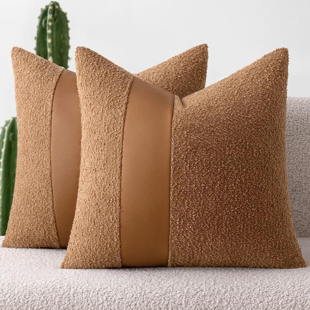 MIULEE Boucle Throw Pillow Covers 22x22 Inch Set of 2 Brown Faux Leather Textured Decorative Pillow Cases Boho Farmhouse Accents Cushion Covers for Couch Bed Livingroom Home Decor