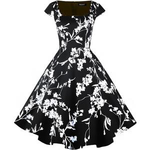 PUKAVT Women's Cocktail Party Dress Cap Sleeve 1950 Retro Swing Dress with Pockets (Large, Z-black Flower)