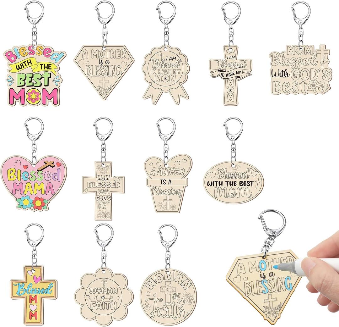 36 Pcs Mother's Day Crafts Color Your Own Religious Mother's Day Keychains DIY Unfinished Wooden Blessed Mom Keychains for Mom Sunday School Christian Party Home Activities Gifts