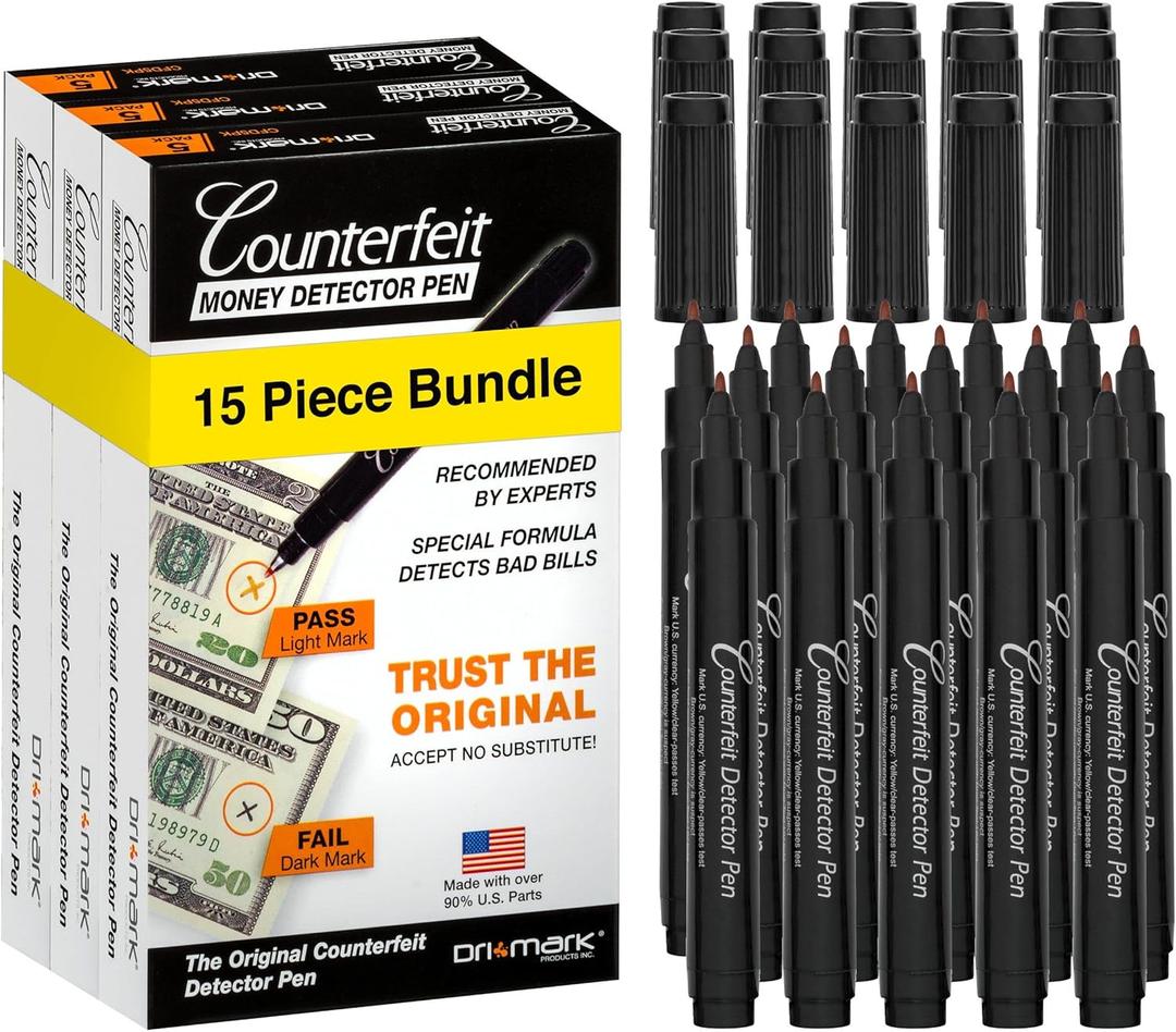 Dri Mark 15 Pack Counterfeit Bill Detector Marker Pen, Made in The USA, 3 Times More Ink, Pocket Size, Fake Money Checker - Money Loss Prevention Tester & Fraud Protection for U.S. Currency (CFD15PK)