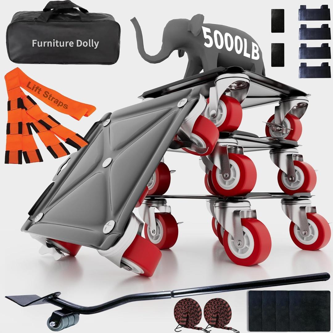 Ultra Large Heavy Duty Furniture Dolly - with Moving Straps, 8" Furniture Movers with 5 Wheels, Heavy Duty Furniture Lift Mover Tool Set for Moving Heavy Furniture and Appliances, Load 5000LBS, Red (XXL(7.8"))
