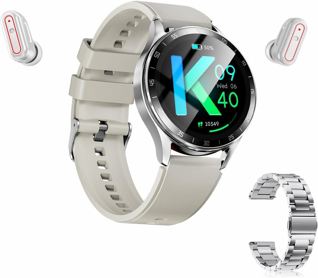 X10 Smart Watch with Earbuds for iPhone Android Smartphones 1.39 Inch Round Bluetooth Call Smartwatch Fitness Tracker All-in-one Smartwatches Long Time Standby TWS Music Watch for Men Women (Silver)