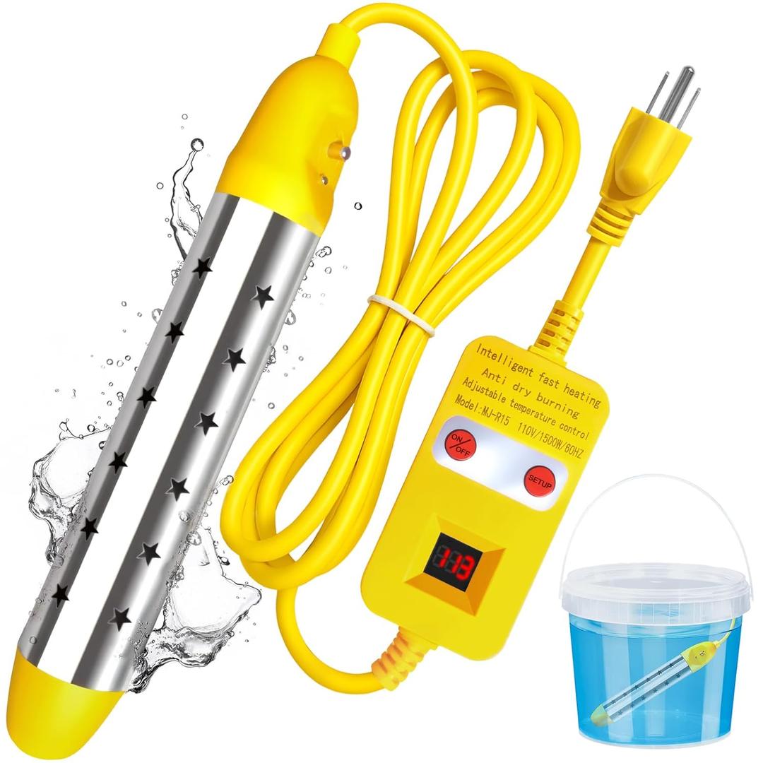 Immersion Water Heater 1500W, Portable Submersible Water Heater with Thermostat for Bucket Bathtub Hot Tub, Real-Time Temperature Display & 15 Presets Control, Dry Burn Protection