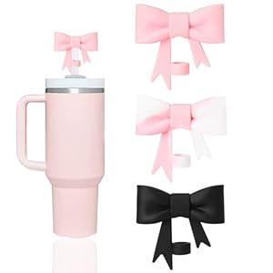 4 x Lovely Bow Straw Covers Cap Toppers Compatible with Stanley 40/30 oz Tumbler Cups,Reusable Cute Silicone Straws Lids Tips Protectors for 0.4 in/10mm Stanleys Cup Accessories3 pcs