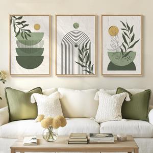 Framed Sage Green Boho Wall Art Bedroom, 3 Piece Bohemian Botanical Paintings Prints Canvas Artwork for Walls, Large Mid Century Modern Boho Pictures for Living Room Home Office Wall Decor, 16x24 In, 16" W x 24" H x 3Pcs