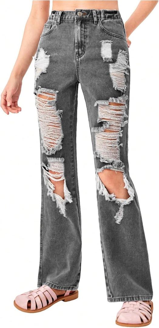 WDIRARA Girl's Cut Out Ripped Pocket Flare Leg Zipper Denim Jeans High Waist Pants