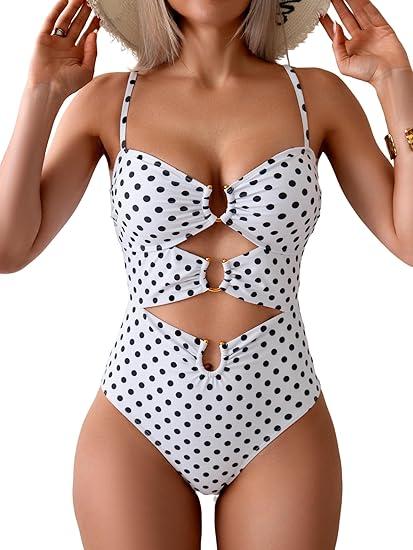 Eomenie One Piece Swimsuit for Women Ring Linked Monokini Sexy Bathing Suit Cutout Swim Suit Color: White Polka Dots, Large