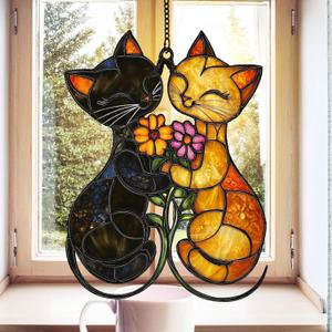 Cats Couple Handmade Resin Suncatchers Artisan Sun Catcher Stained Glass Effect Decorative Window Hanging Ornament Garden Decor Valentine for Mom, Wife, Grandma, Women