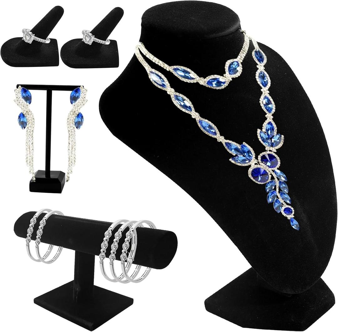 6 Pcs Velvet Jewelry Display Set- Velvet Necklace Bust Holder Mannequin Bust & T-Bar 2 T Shape Earring Stand 2 Ring Finger Jewelry Holder Bracelet Organizer for Jewelry Showcase