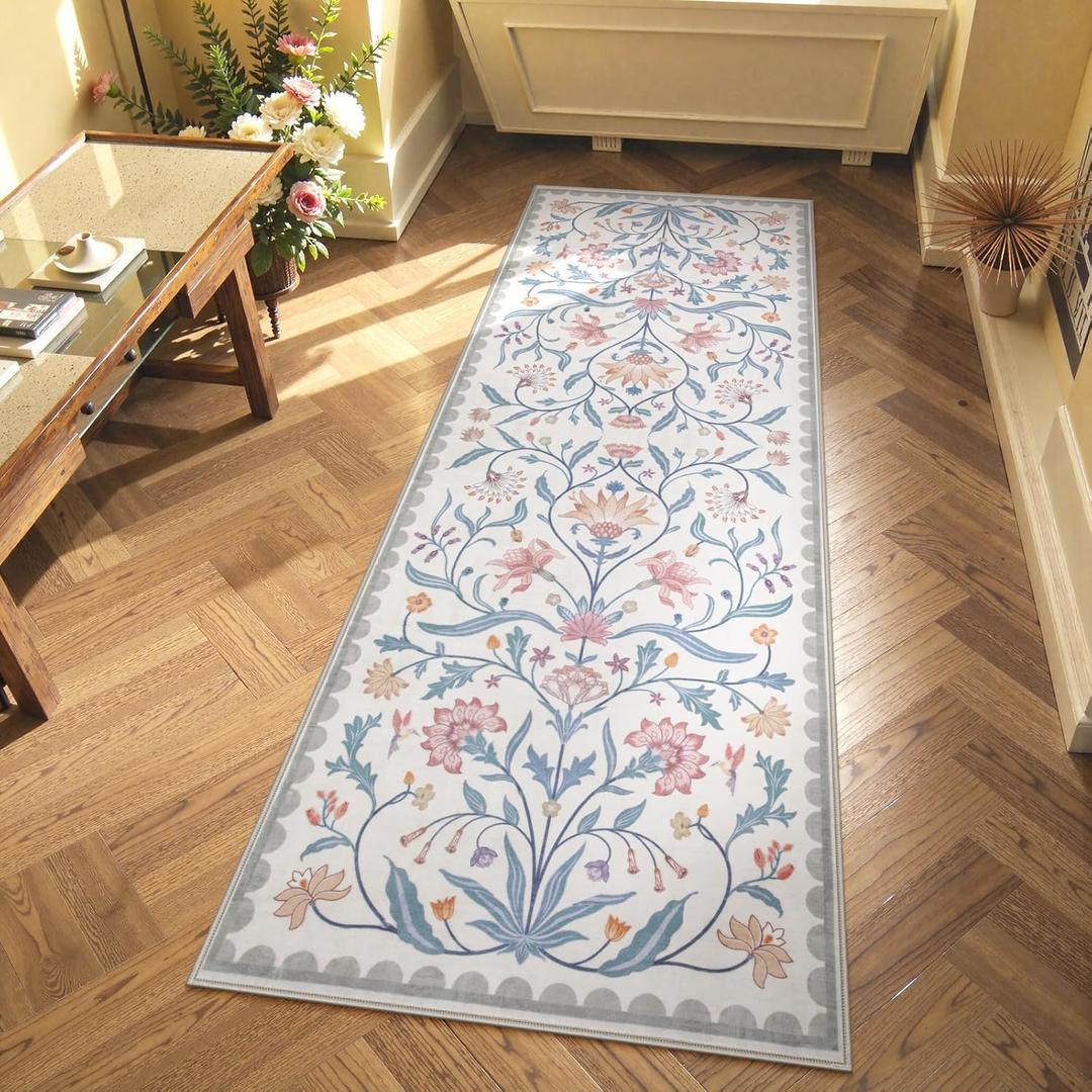 Lahome Boho Floral 2x6 Bathroom Runner Rugs Non Slip Washable, Grey/Beige Soft Runners for Hallways, Indoor Carpet Runner with Rubber Backing for Bedside Entryway Kitchen(Grey/Beige,2x6)