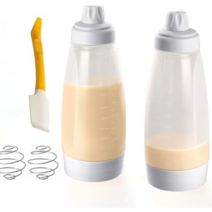 2 Packs Pancake Batter Dispenser, Pancake Mixer Bottle with Silicone Spatula and Spoon, Kitchen Squeeze Batter Dispenser and Mixer for Pancakes, Waffles, Crepes, Muffins, Cupcakes