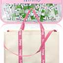 2 Pcs Embroidered Mahjong Canvas Tote Bags Large Empty Mah-Jong Tile Bag Mahjong Lover Accessories, Overnight Carryall (Stylish,Pink)
