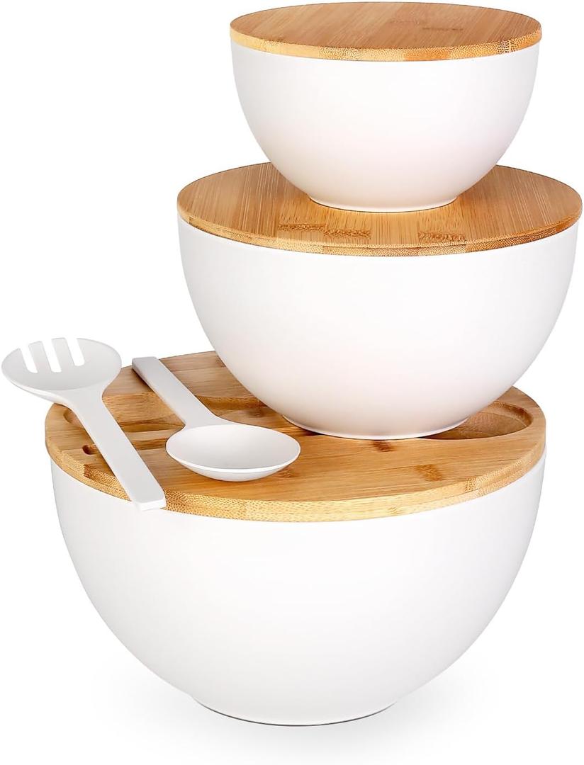 ShineMe Salad Serving Bowls with Lid and Utensils, 10" Bamboo Fiber Large Salad Bowl Set of 3, Kitchen Mixing Bowls for Preparing, Storing and Serving Cereal, Fruit,Chips, Bread