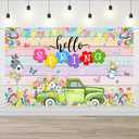 2 x AIBIIN Hello Spring Backdrop Colorful Floral Garden Truck Banner Colorful Spring Tulips Flowers Party Decorations Butterfly Pastel Wood Easter Holiday Party Photo Booth Props 70.8 x 43.3 inch