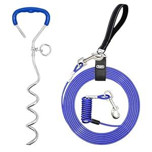 10FT Shock-Absorbing Dog Tie Out Cable & Stake for Backyard, Camping, Traveling, for Dogs up to 250Lbs, Durable Dog Tether/ Leash