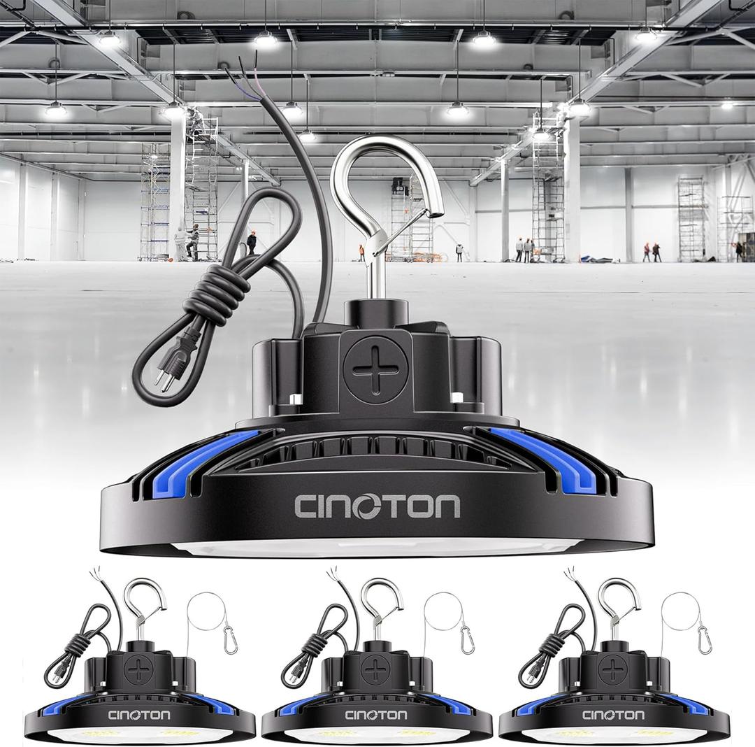 CINOTON UFO LED High Bay Light, 160W/120W/80W Switchable, AC100-277V LED Shop Lights with US Plug, 24000LM Dimmable 0-10V Commercial Bay Lighting for Garage Workshop 5000K Daylight-UL Listed, 4 Pack