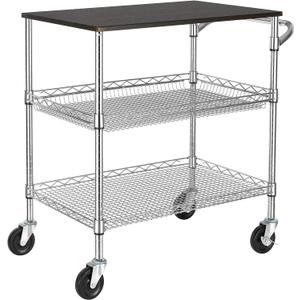 Finnhomy 3 Tier Heavy Duty Commercial Grade Utility Cart with Wood Top, Wire Rolling Cart with Handle Bar, Steel Service Cart with Wheels, Utility Shelf Food Storage Trolley, NSF Listed