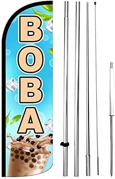 4 Less Co Boba Drinks Windless Feather Swooper Flag Banner Sign 15 Ft Tall Large Pole Kit bq-h
