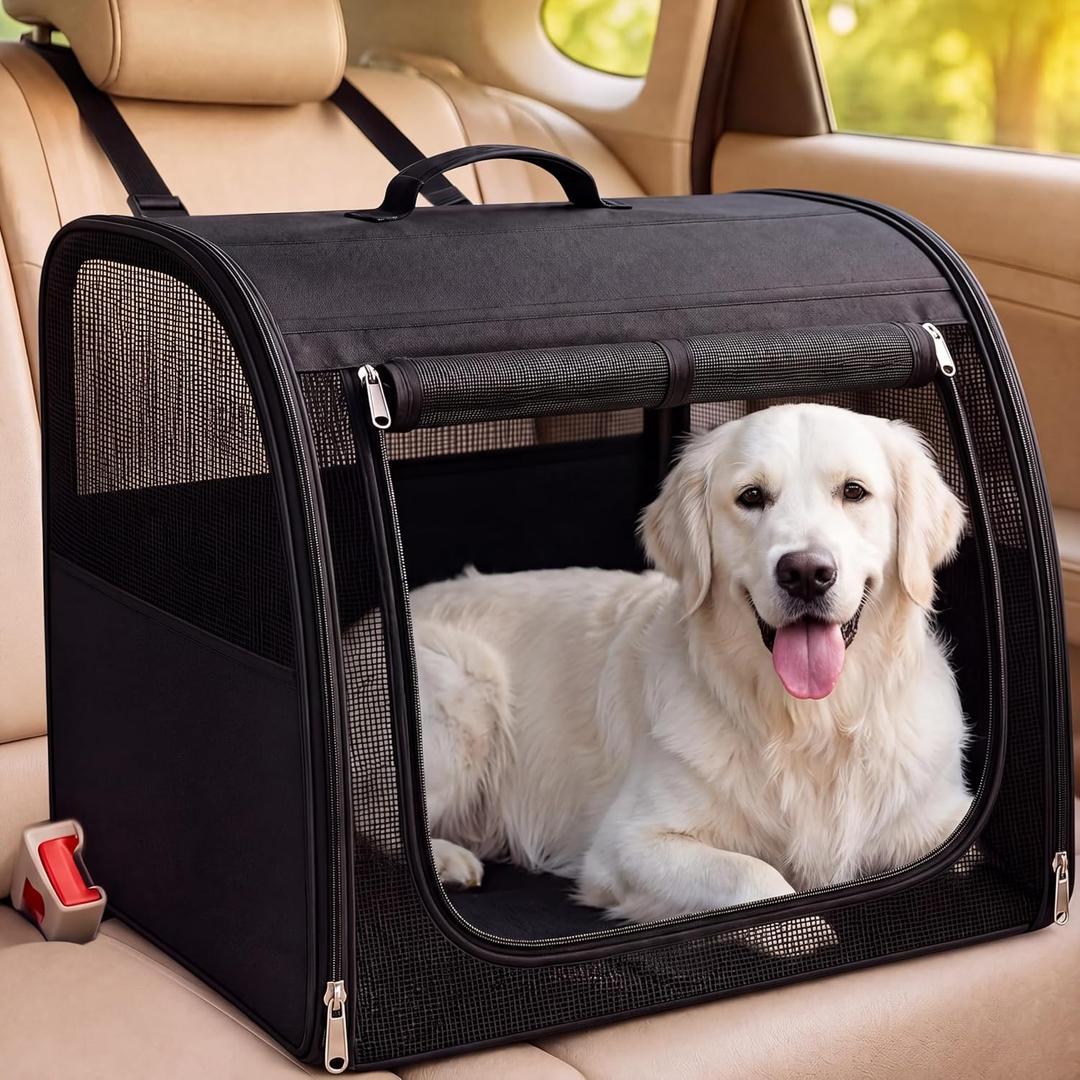 Dog Car Crate, Enclosed Foldable Cat Car Seat Carrier 24x19.6x19.6in, Black