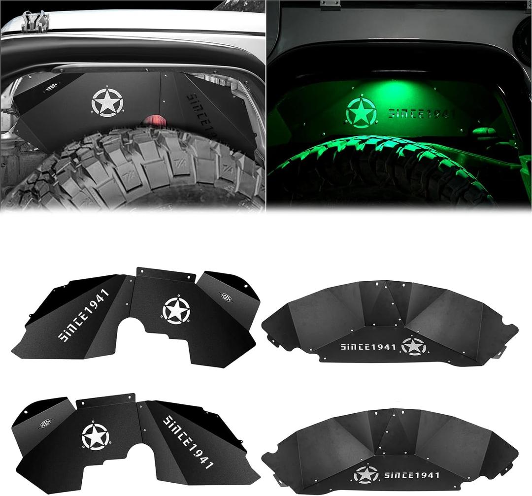 Z8 Front Inner Fender Liners & Rear Inner with LED Light Compatible with 2007-2017 Jeep Wrangler JK & JKU Unlimited 2/4 Doors Steel Mud Guards Bolt-on Style Wheel Well Cover Fenders Flares
