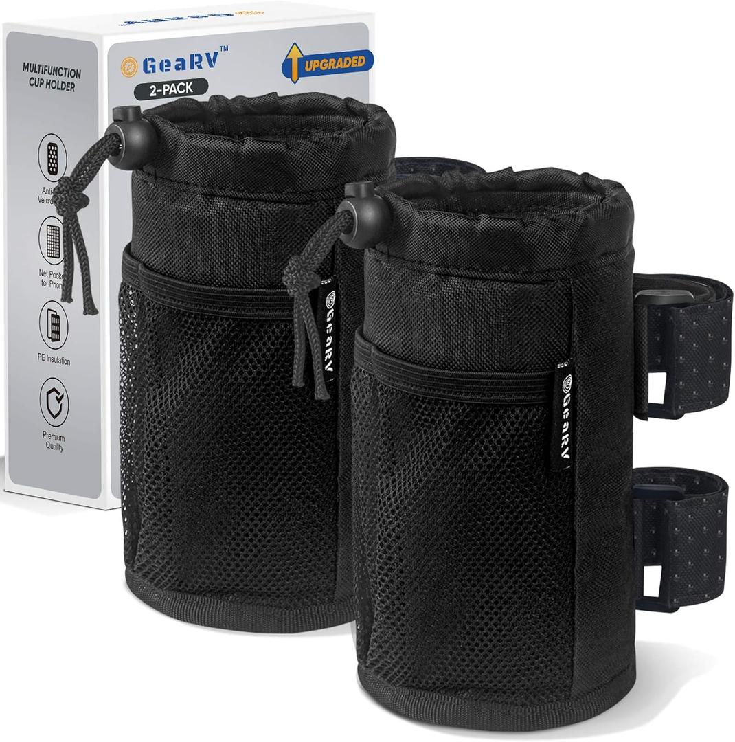 GEARV 2Pack Cup Holder for Bike, Scooter and Wheelchair, Water Bottle Holder for UTV/ATV, Walker, Golf Cart and Beach, Universal Drink Holder Accessories with Net Pocket and Cord Lock (Black)
