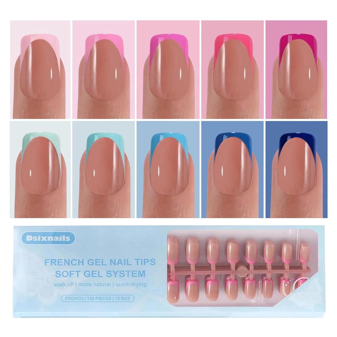 300Pcs Square French Tip Press on Nails, Pink Blue Extra Short Soft Gel Nail Tips, Pre-lasting Acrylic Fake Nails, No Need to File False Nail Tips Extension for Women Nails DIY in 15Sizes