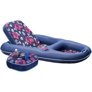 Aqua Campania Ultimate 2-in-1 Pool Float Lounge – Extra Large – Inflatable Pool Floats for Adults with Adjustable Backrest & Cupholder Caddy – Navy Hibiscus