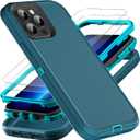 for iPhone 13 Pro Max Case, Military Grade 3 in 1 Heavy Duty Shockproof/Drop Proof/Dust Proof Case with 2Pcs Tempered Glass Screen Protector (Blue/Turquoise)