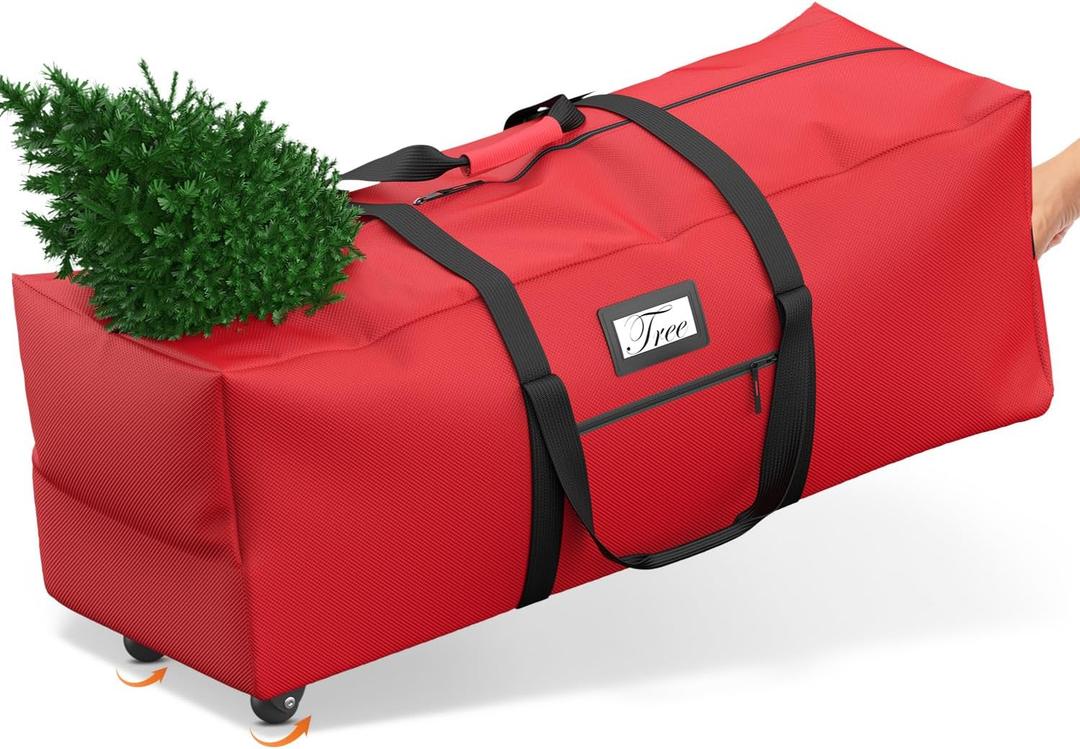 Mrrihand Christmas Tree Storage Bag, Large Artificial Anti-Tear Heavy-Duty 600D Oxford Cloth Xmax Christmas Tree Storage Box with Rolling Wheels, Christmas Tree Storage Container (Red, 7.5Ft)