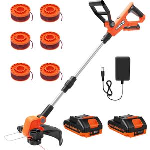 VARSK 12 Inch 20V Cordless Weed Wacker with Automatic Line Feed, 2 in 1 String Trimmer and Edger, Includes 2 X 2.0Ah Batteries/1 X Charger/6 X Replacement Spools, Weed Eater for Lawn, Garden, etc (Light Orange)