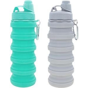 Collapsible Water Bottles Travel water bottle Sports Portable Sport Water Bottle Reusable Water Bottles comes with mountaineering Buckle 500ml silicone Water-proof camping water bottle (Green+Light grey)