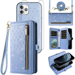 Phone Case for iPhone 11 Pro Max 6.9 inch Zipper Wallet Detachable Cell Cover Screen Protector Crossbody Strap Bling Flip Credit Card Holder i Phone16 16Pro i16 ProMax 16ProMax Women Girls Light Blue