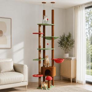 PEQULTI Floor to Ceiling Cat Tree, Height Adjustable 90.5-100.4'', Brown
Mushroom Climbing Pole For Large Cats With Cat Condo, Hammock & Sisal Scratching Posts; Measure Ceiling, Fits 230-252cm