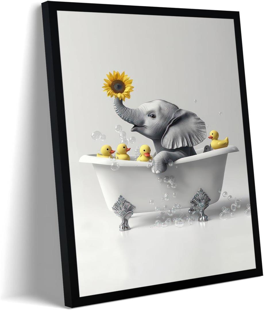 Ovczax Framed Funny Black And White Bathroom Wall Painting Elephant And Duck In Bathtub Cute Animals Kids Room Decor Canvas Print Decor 8" L x 10" WWith Black Wooden Frame