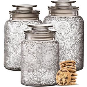 Le'raze Food Storage Containers with Airtight Lids - Retro Design - Pantry Organization, Glass Canisters Storage for Cookies, Tea, Sugar, Candy Jars, Sugar Packet, Set of 3