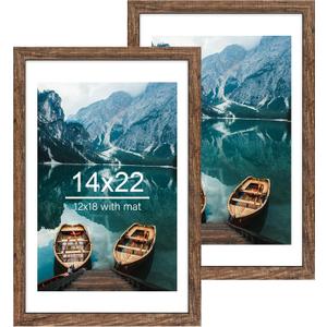 14x22 Picture Frame Set of 2, Rustic Brown Wood Style - Display 14 x 22 Picture without Mat or 12x18 Picture with Mat, Wall Mounting Horizontal and Vertical