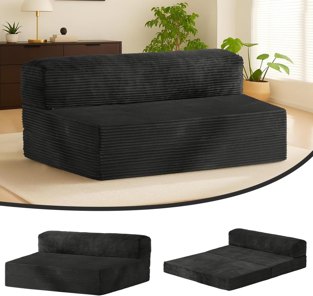 6-inch Folding Mattress Full Size Futon Sofa Bed - Convertible Floor Bed & Sleeping Couch with Removable Corduroy Cover & Carry Handles, High-Density Memory Foam, Black