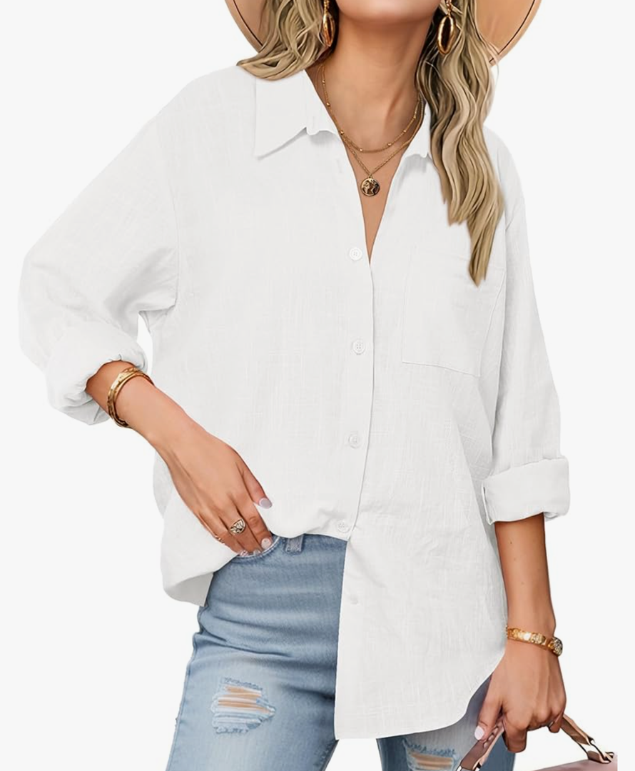Zeagoo Womens Button Down Shirts Long Sleeve Cotton Gauze Tops Casual Collared Blouses Loose Fit, SIZE L